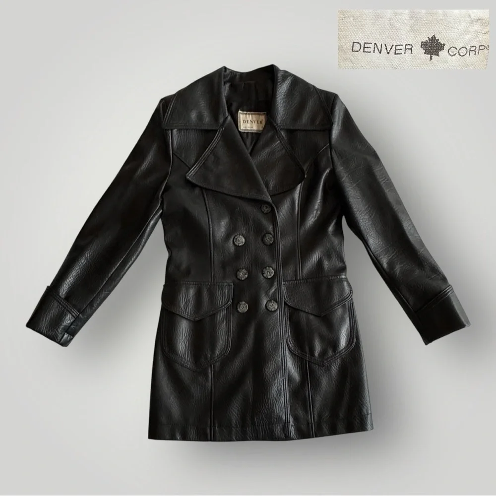 DENVER Corp. Vintage Faux Leather Double-breasted Trench Coat - Picture 2 of 10